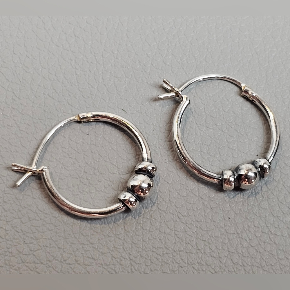 Bali Rope Beaded Silver Hoop Earrings